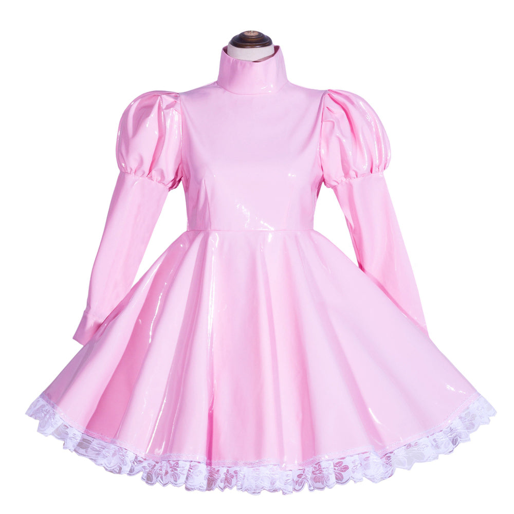 Pink PVC sissy maid dress with puffed sleeves and lace trim, elegant and shiny for costume fashion