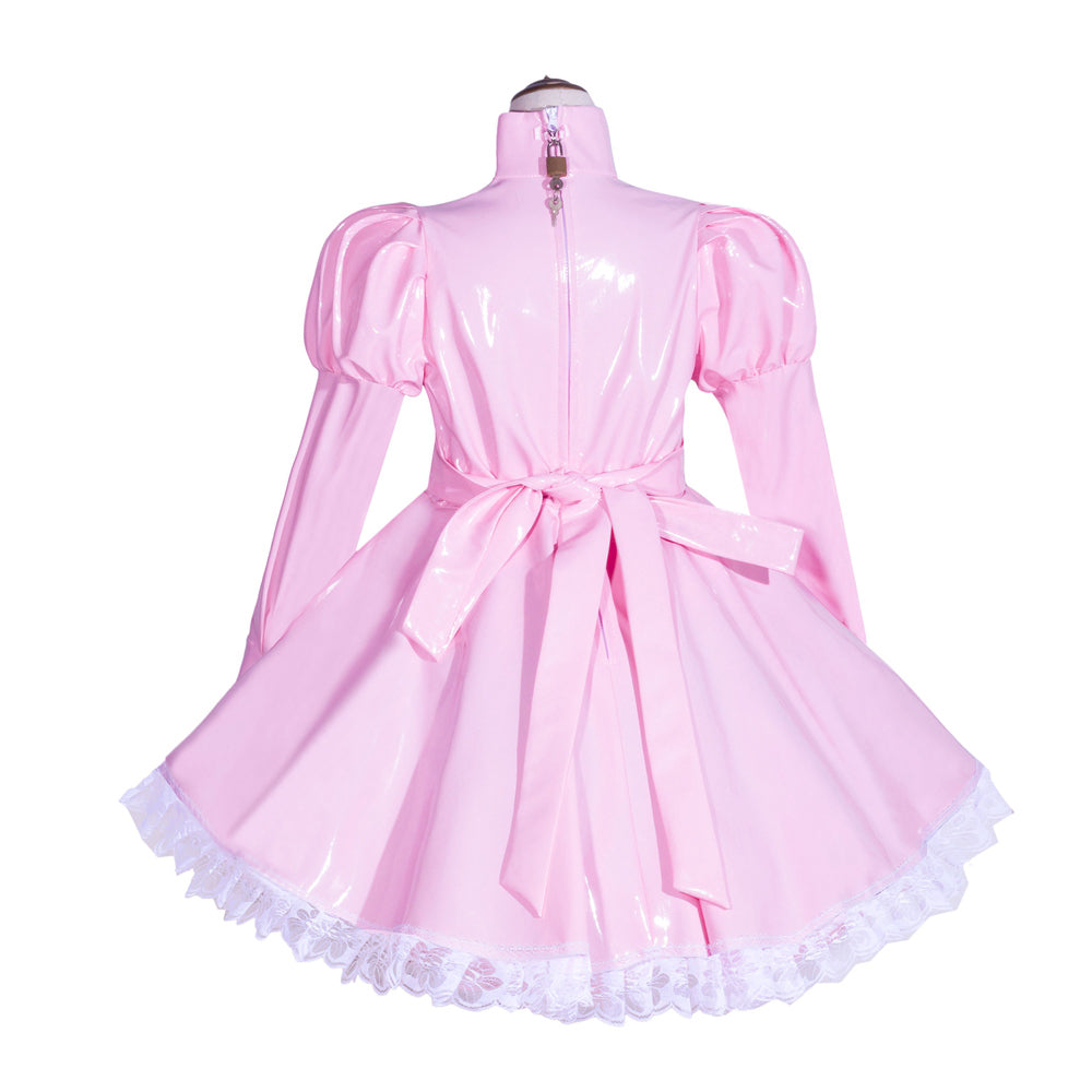 Pink sissy maid dress with lace trim and bow, featuring a lockable back zipper design.