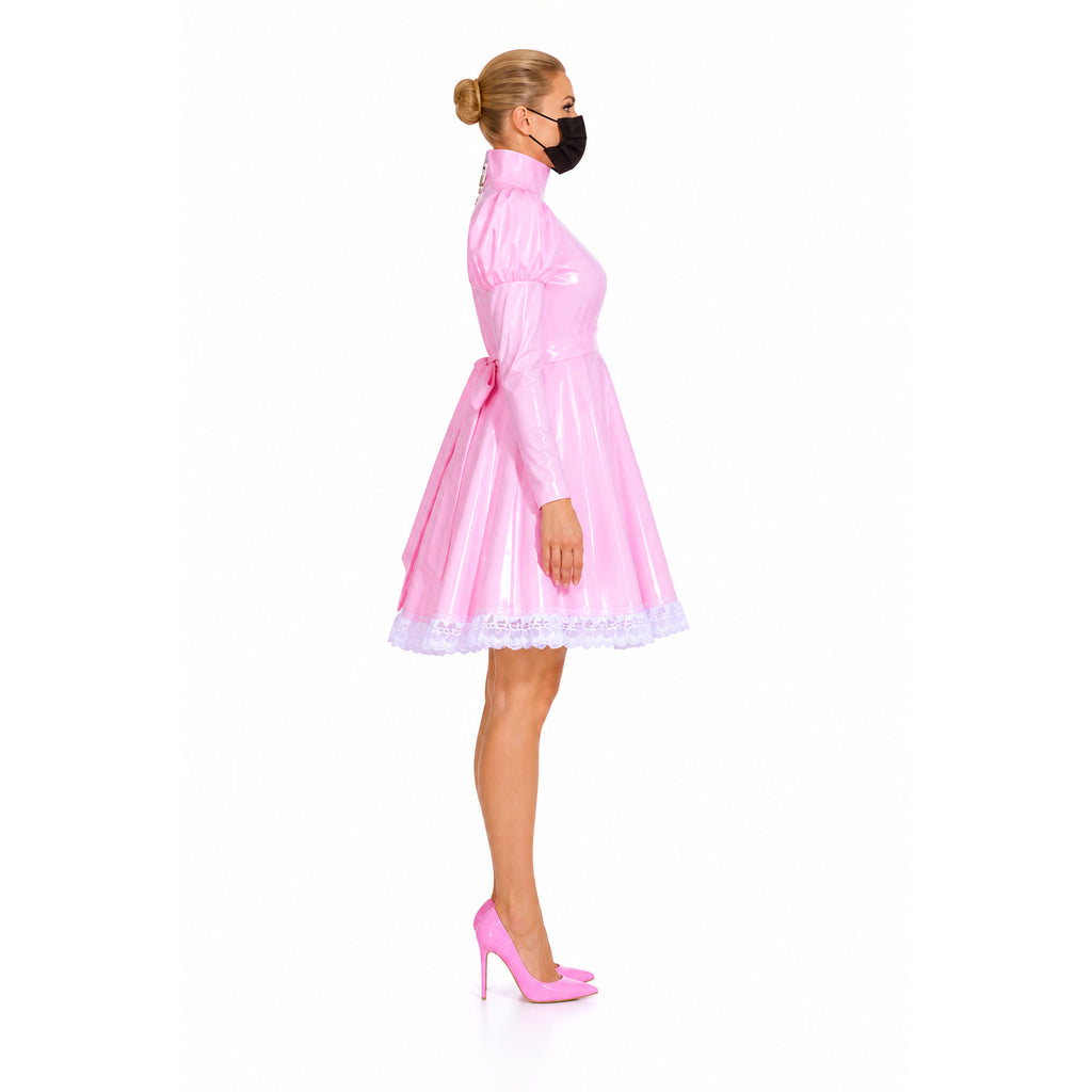 Pink PVC sissy maid dress with lace trim, high collar, and matching heels