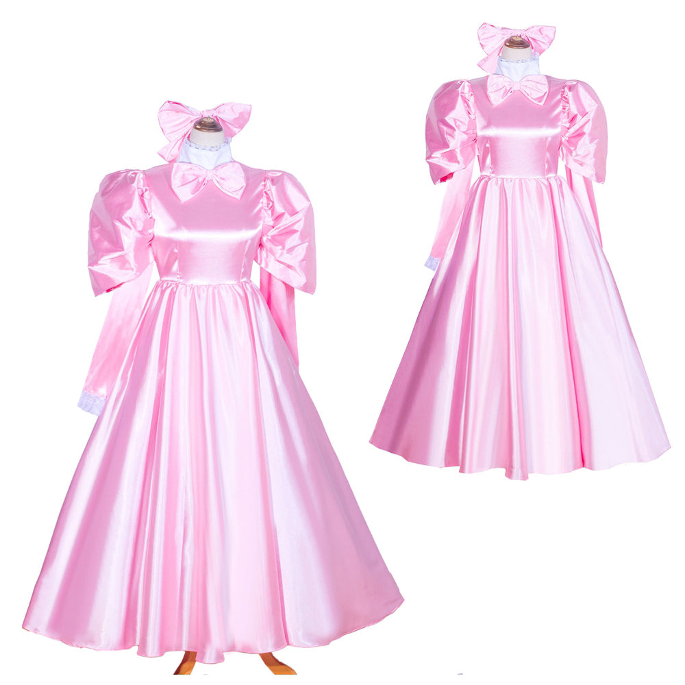 Pink satin sissy maid dress with puffed sleeves, bow collar, and full skirt on mannequin