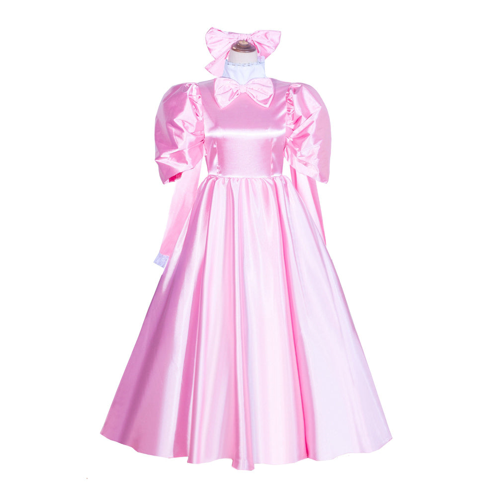 Pink satin sissy maid dress with puffed sleeves, bow, and matching headband