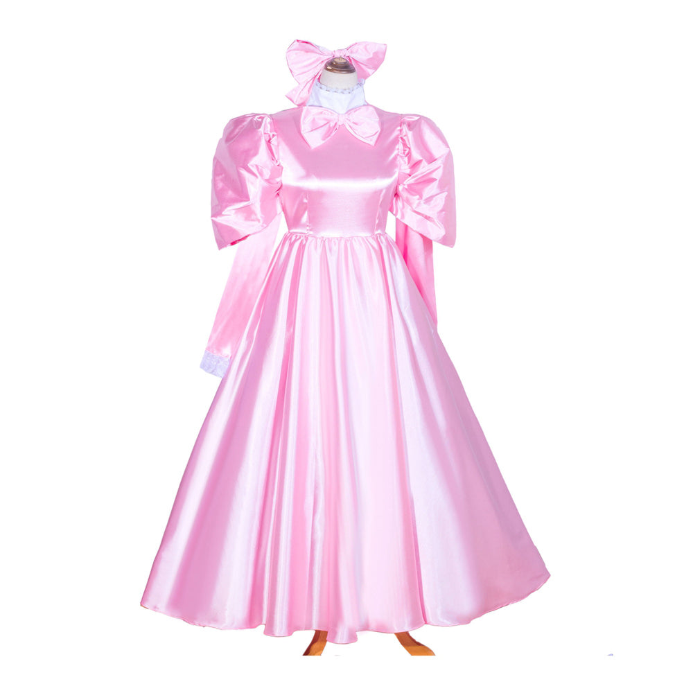 Pink satin sissy maid dress with puffed sleeves, bow collar, and full skirt on mannequin