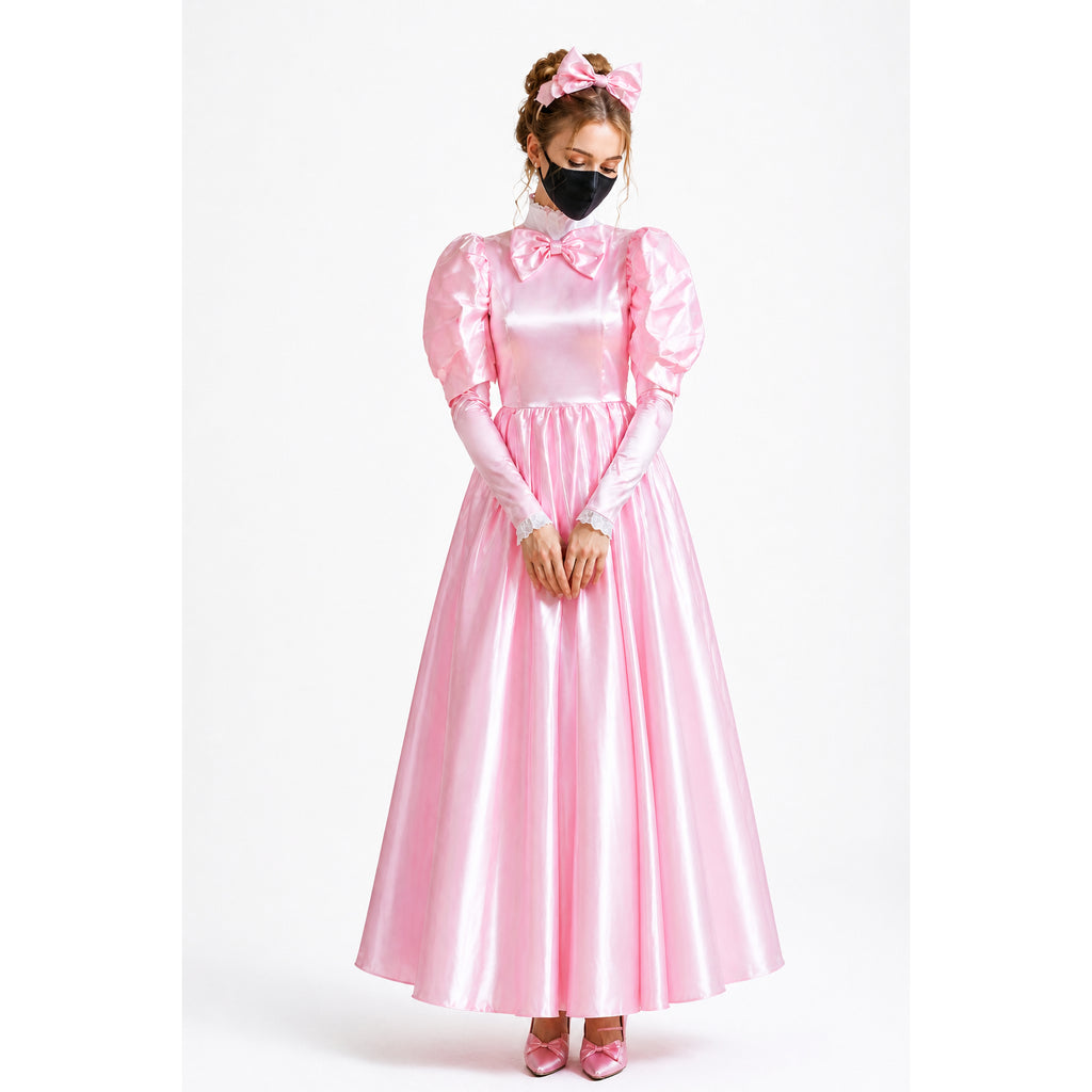Pink satin sissy maid dress with puffed sleeves, bow collar, and matching headband