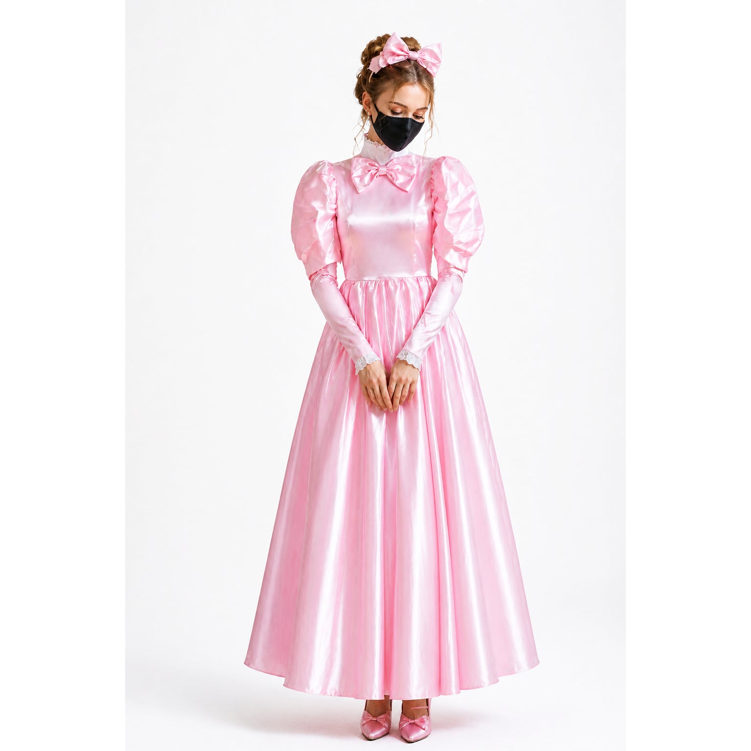 Pink satin sissy maid dress with puffed sleeves, bow collar, and matching headband