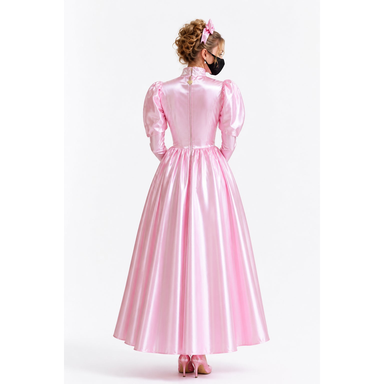 Pink satin sissy maid dress with puffed sleeves, back zipper, and full skirt, paired with matching heels