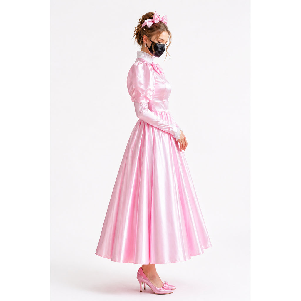 Pink sissy maid dress with satin finish, puffed sleeves, and matching bow headband