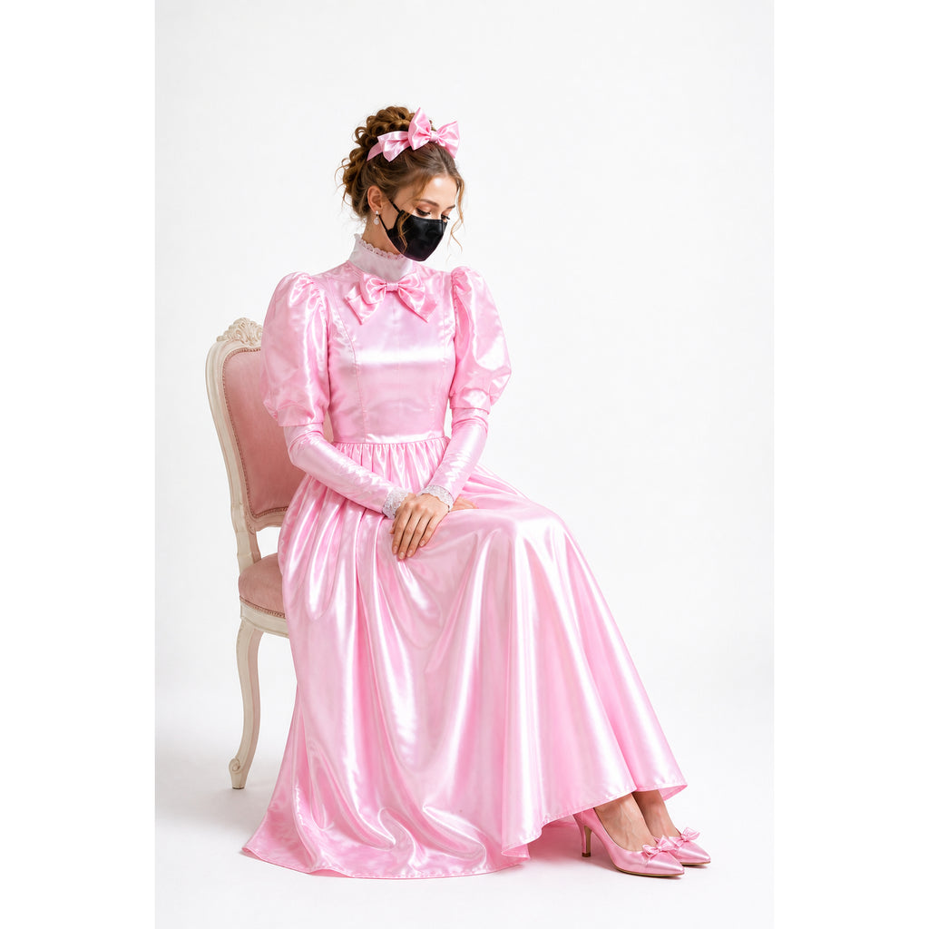 Pink satin sissy maid dress with bow collar, puffed sleeves, and matching heels, styled with headband
