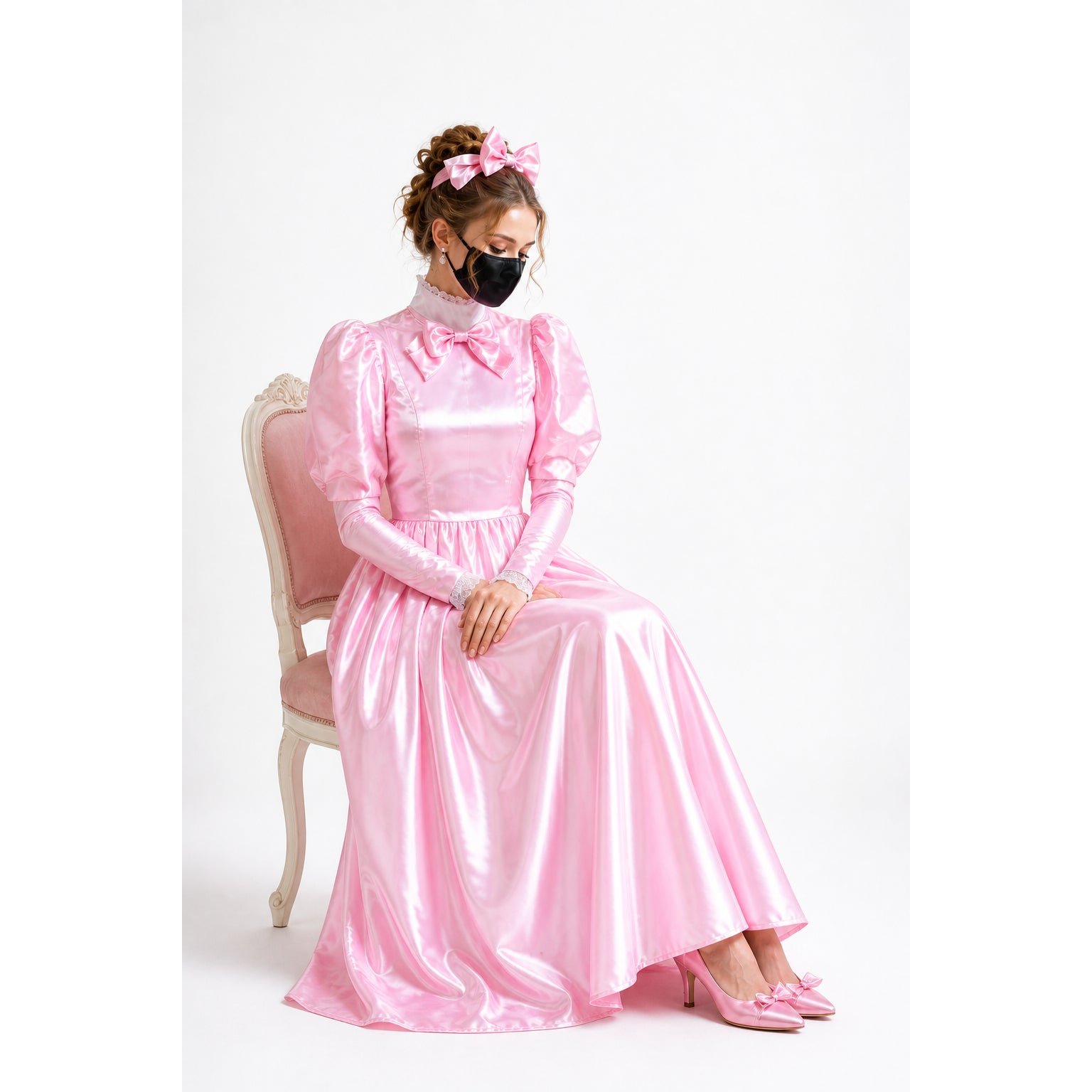Pink satin sissy maid dress with bow collar, puffed sleeves, and matching heels, styled with headband
