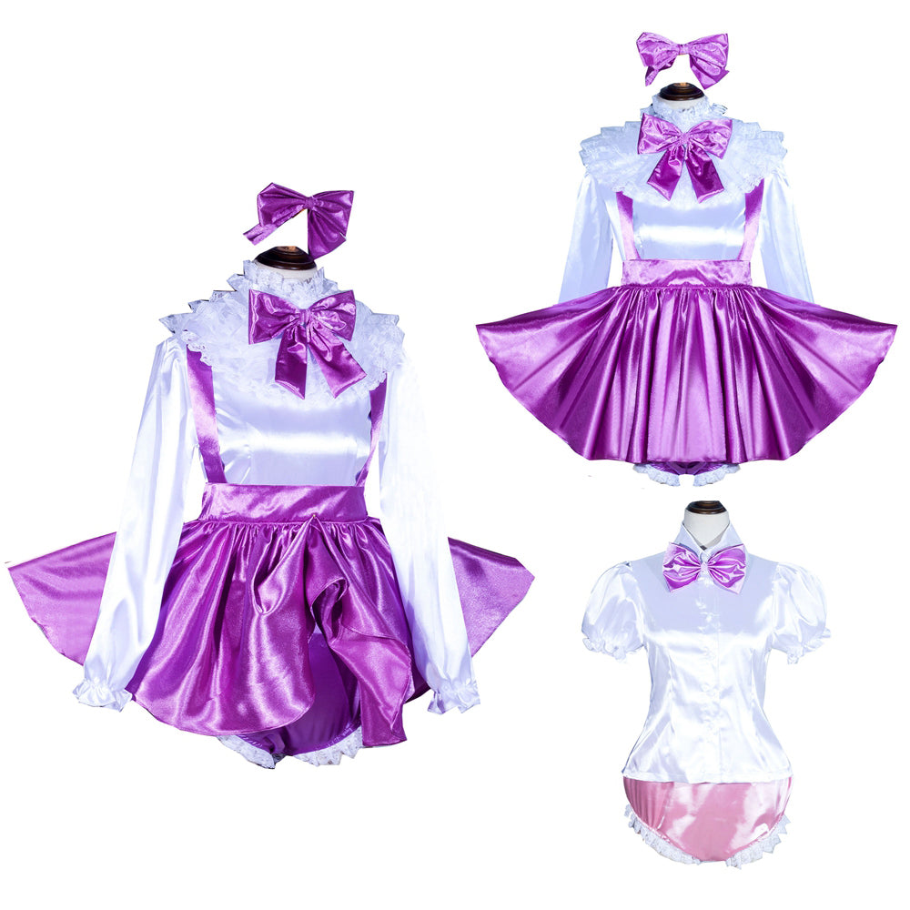 Purple sissy maid dress set with satin bow, ruffled collar, and matching headband for costume fashion