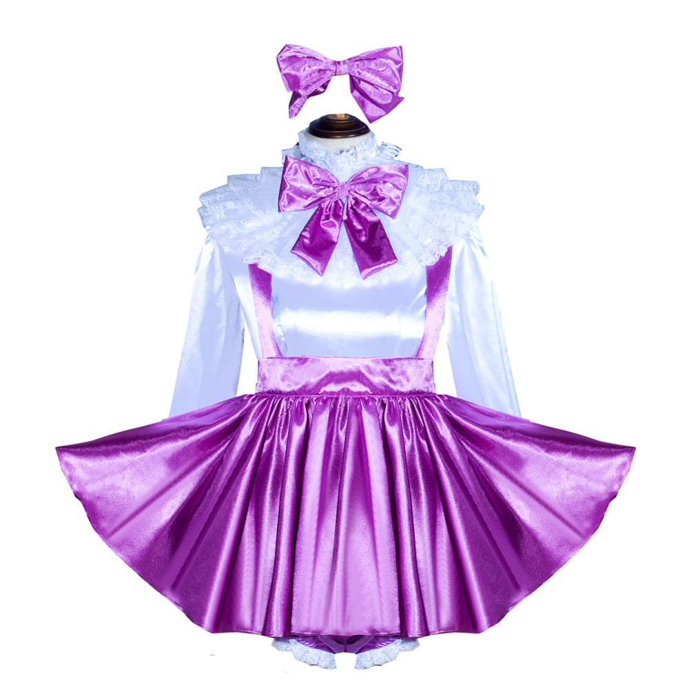 Purple satin sissy maid dress with white blouse, lace collar, and matching bow headband
