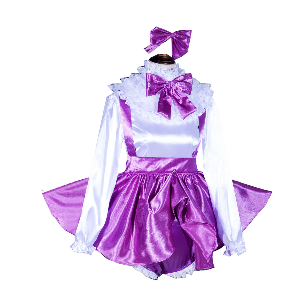 Purple and white sissy maid dress with satin bow, lace collar, and matching headband