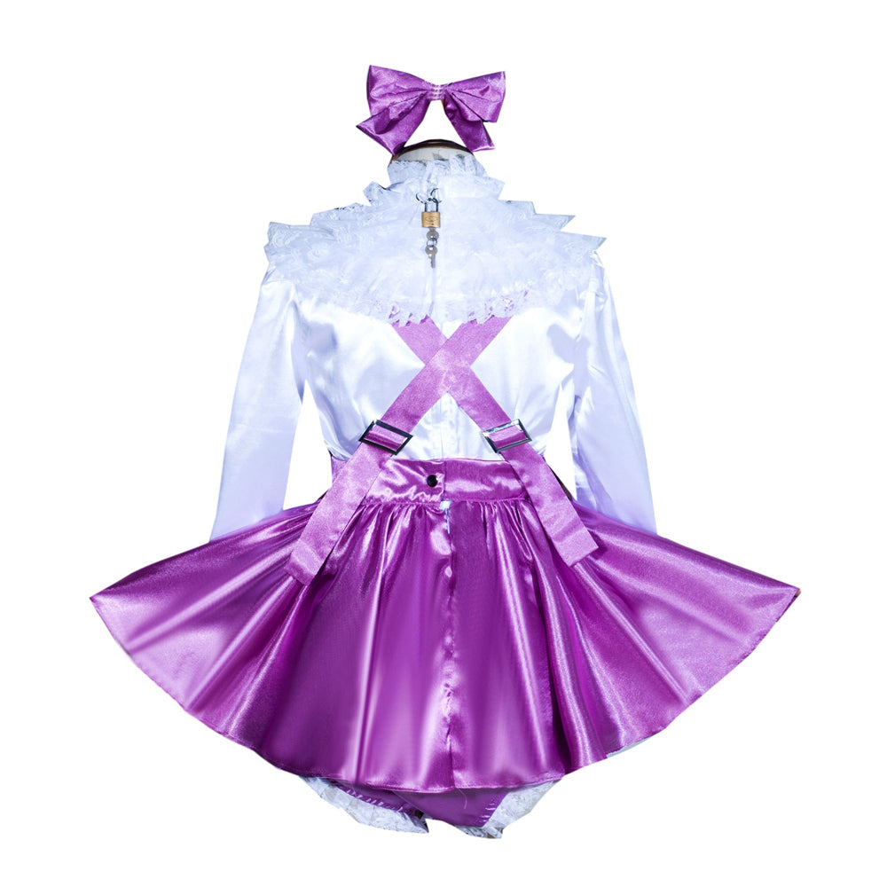 Purple sissy maid dress with white lace collar, satin skirt, and matching bow headband