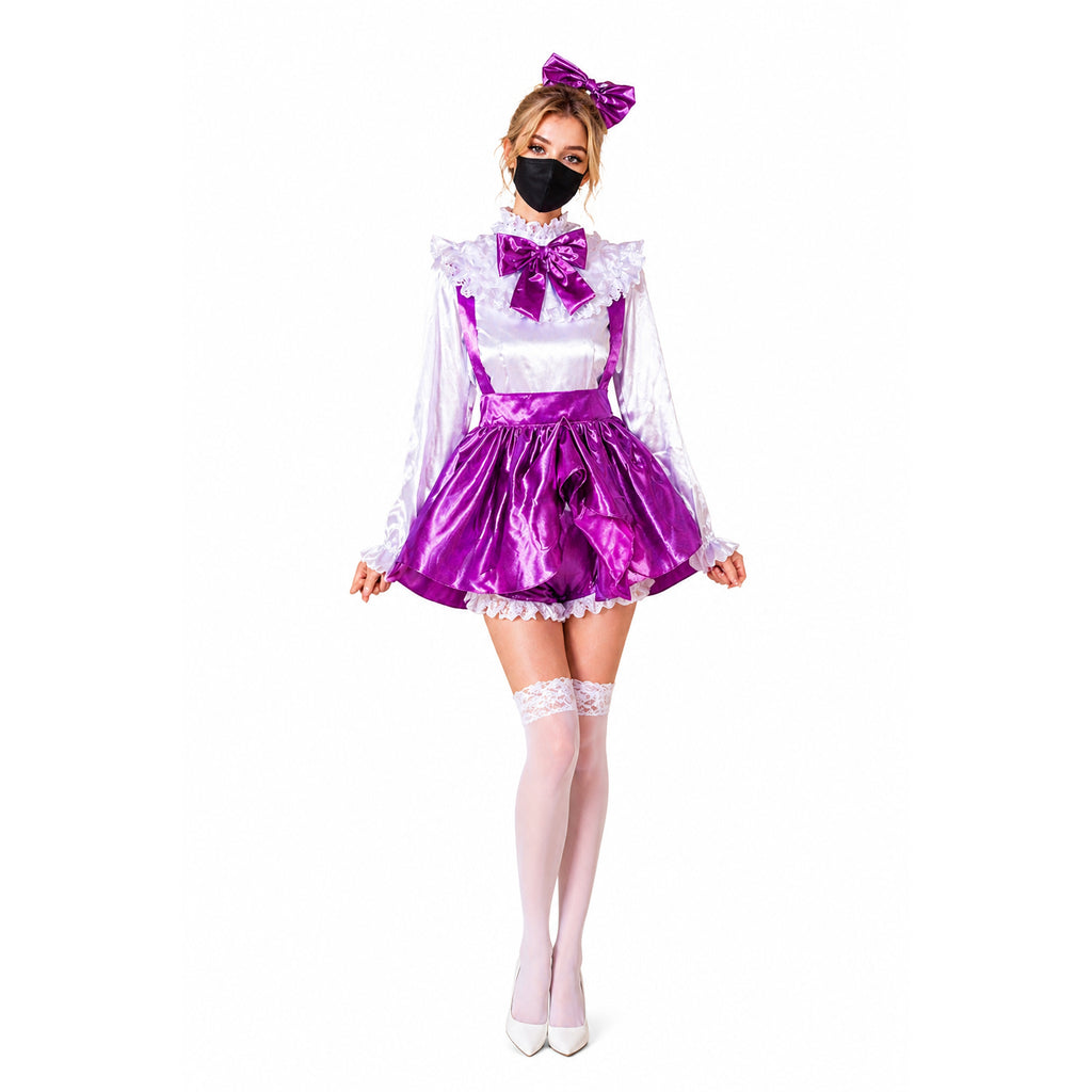 Purple sissy maid dress with white lace, satin bow, and matching headpiece for costume fashion
