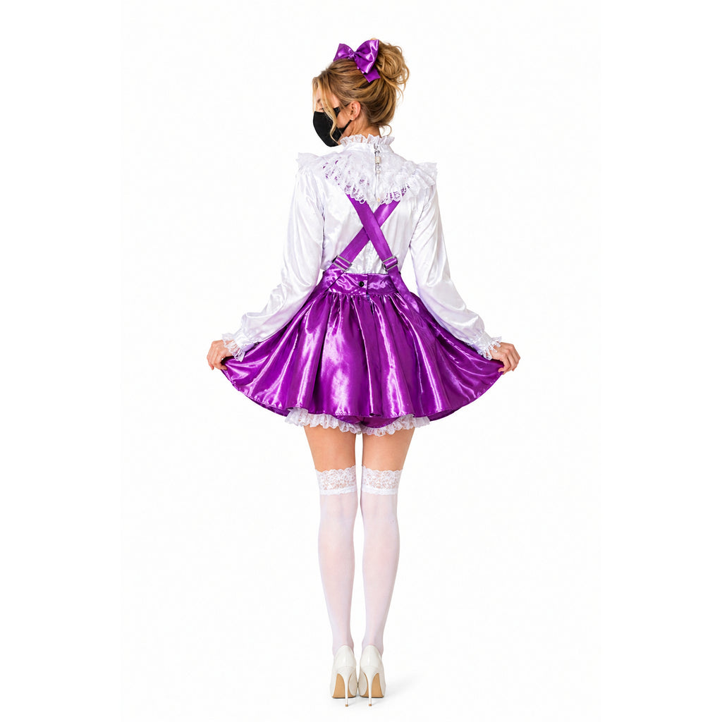 Purple sissy maid dress with white blouse, lace trim, and matching bow, shown from back