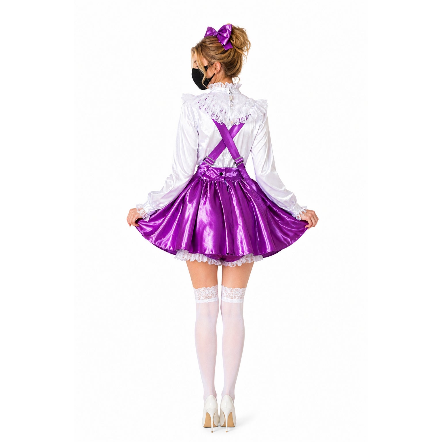 Purple sissy maid dress with white blouse, lace trim, and matching bow, shown from back