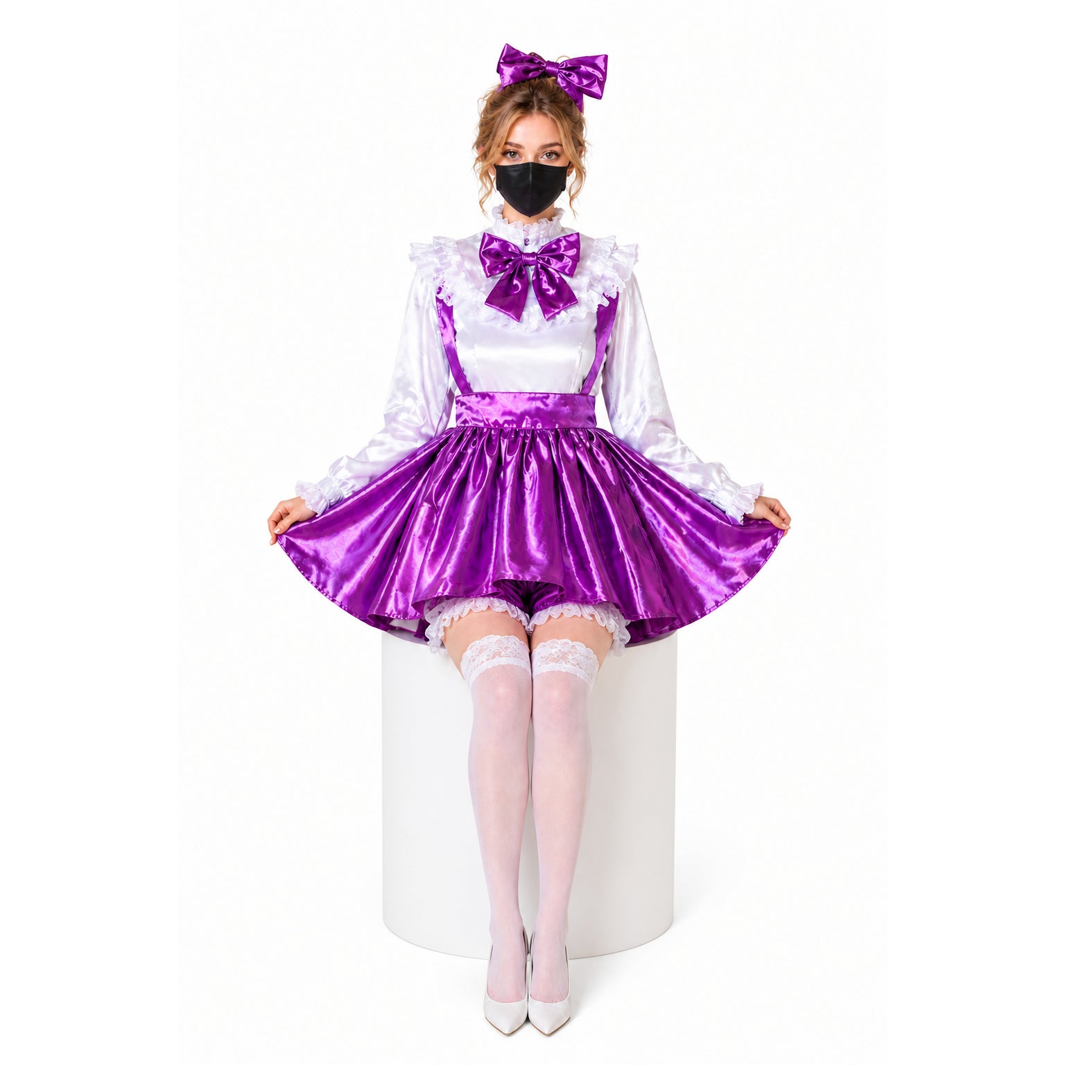 Purple sissy maid dress with white blouse, bow, and lace trim, styled with stockings and heels