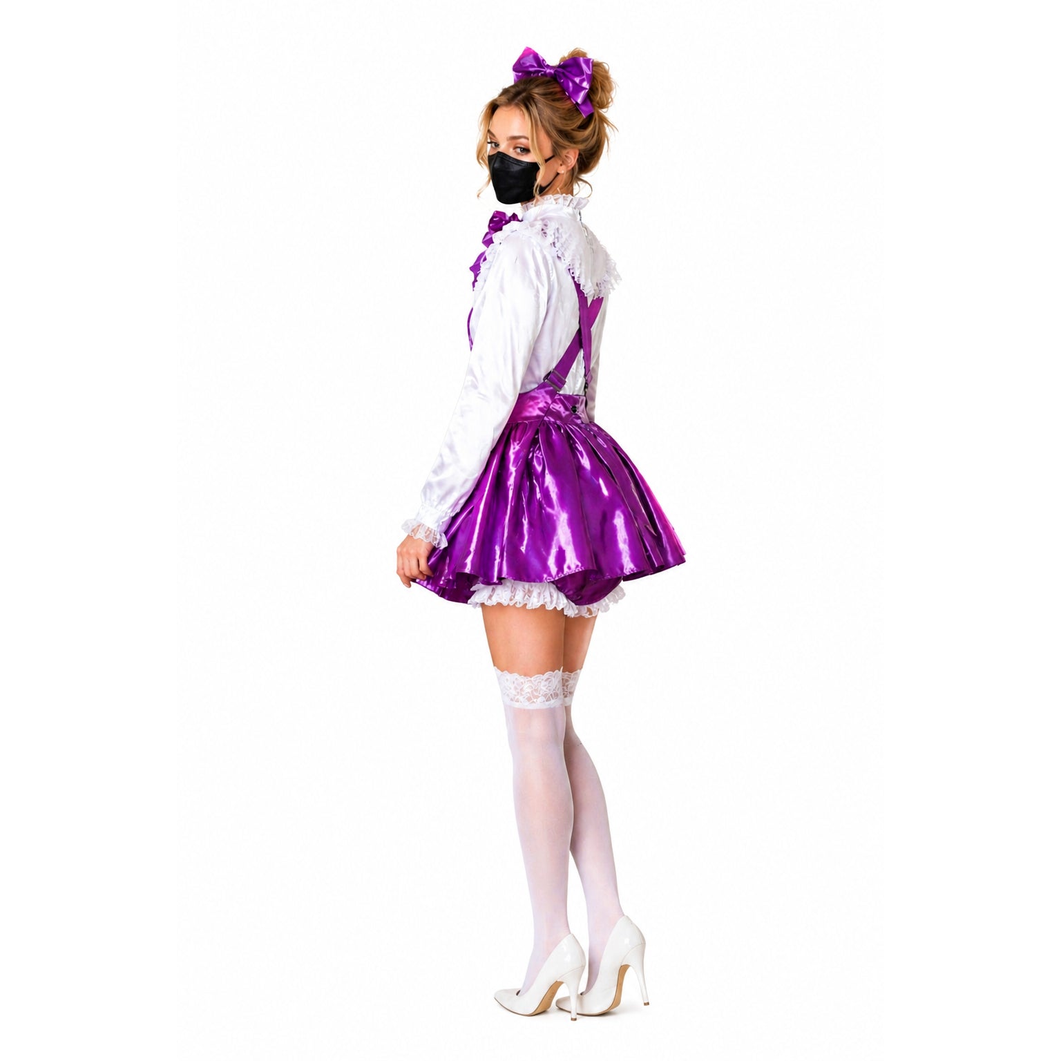 Purple sissy maid dress with white blouse, lace trim, and bow, paired with white heels and stockings