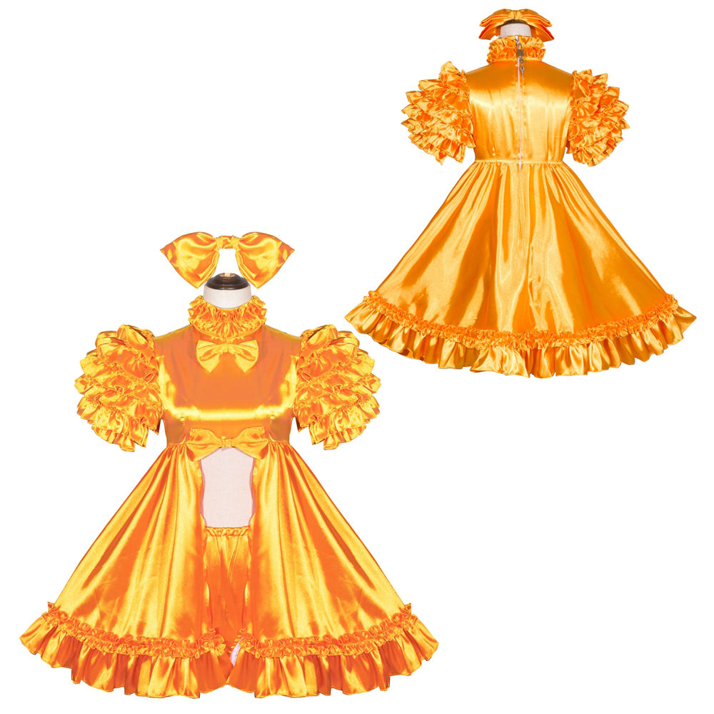 Vibrant orange sissy maid dress set with ruffled sleeves, bow collar, and matching headpiece, showcasing front and back views.
