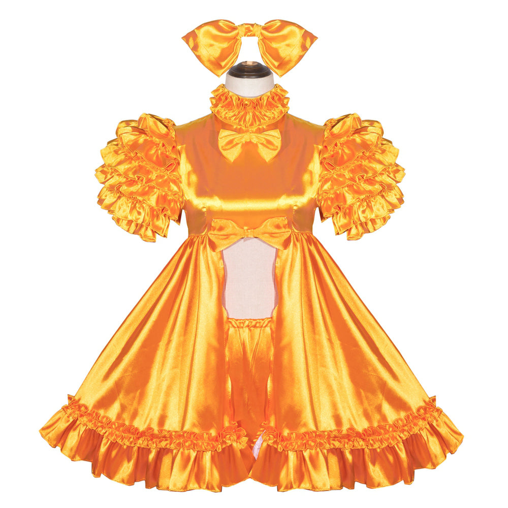 Vibrant orange sissy maid dress with ruffles, bow, and matching headband for costume fashion