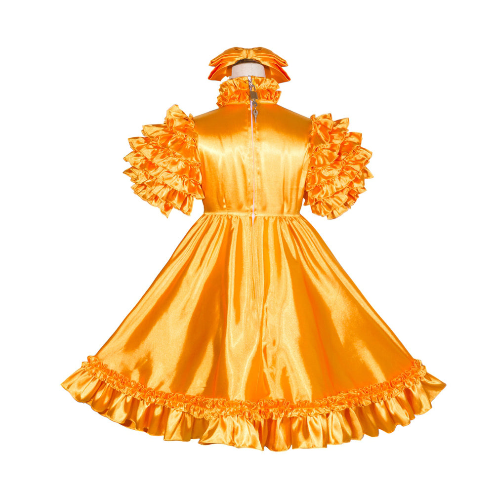 Vibrant orange sissy maid dress with ruffled sleeves and hem, featuring satin finish and back zipper