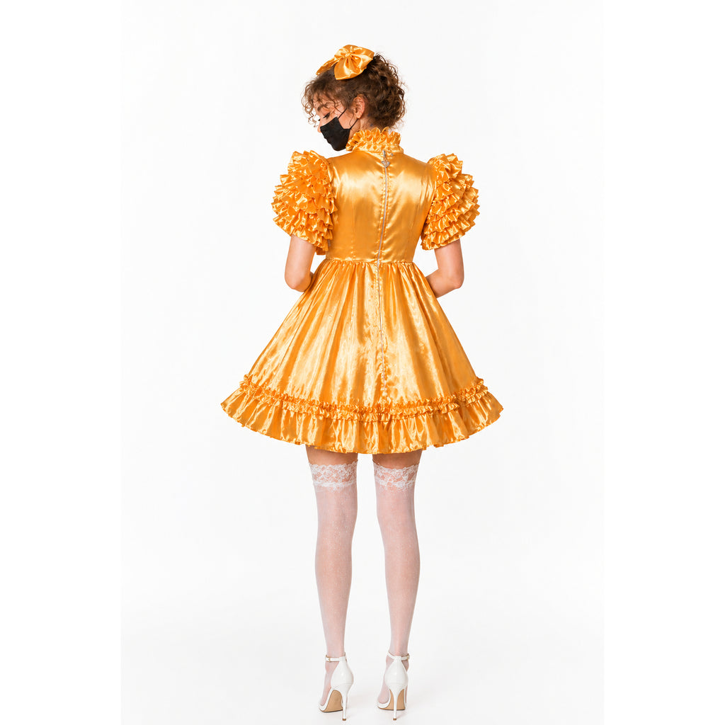 Golden sissy maid dress with ruffled sleeves and skirt, satin finish, back view