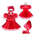 Red sissy maid dress set with lace trim, puff sleeves, and matching bonnet for costume fashion