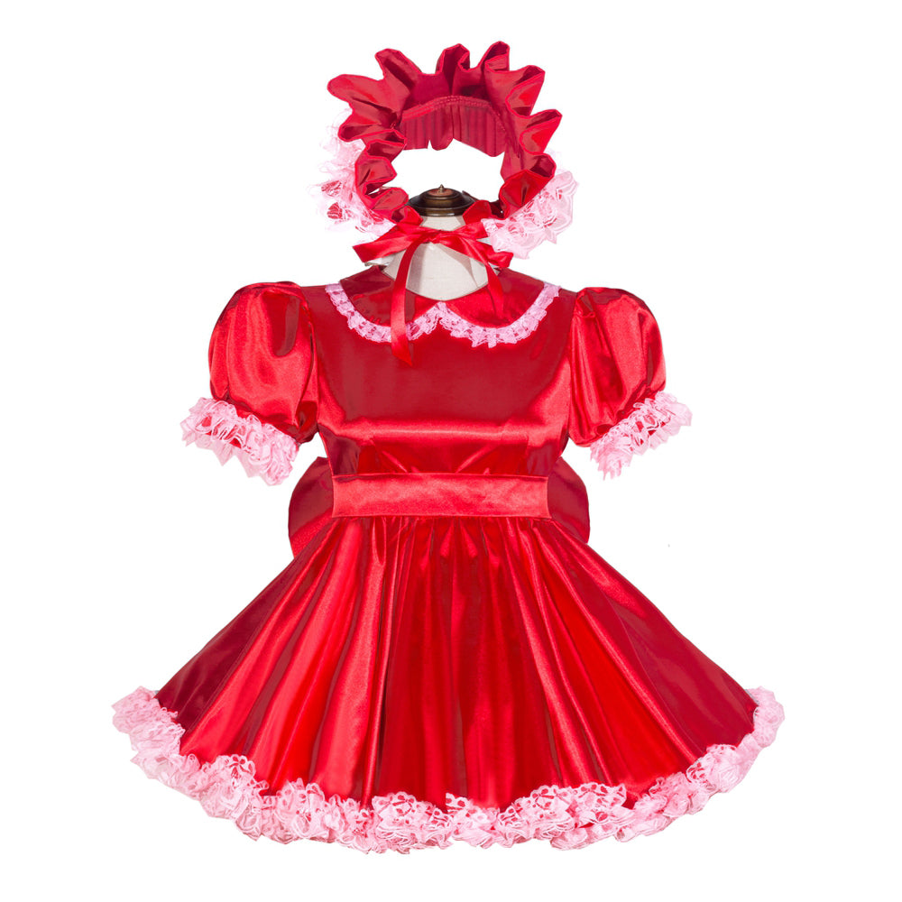 Red sissy maid dress with lace trim and matching bonnet, French-style costume set