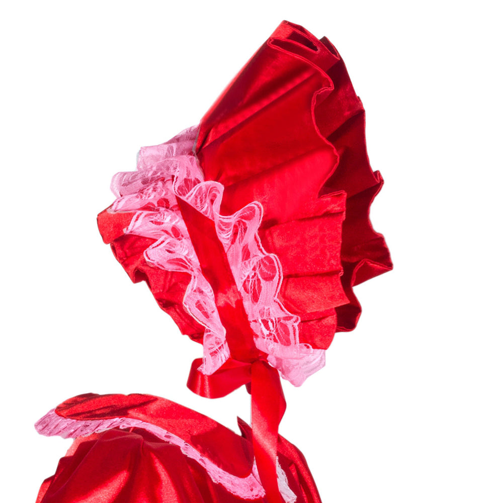 Red sissy maid dress with pink lace ruffles and satin bow, elegant French-style costume detail