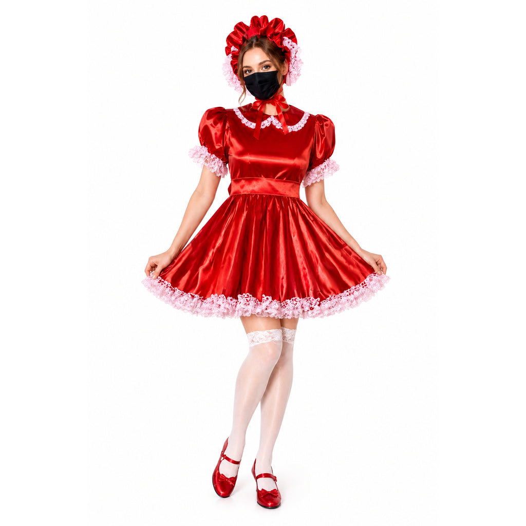 Red sissy maid dress with white lace trim, matching headpiece, and satin finish for costume fashion