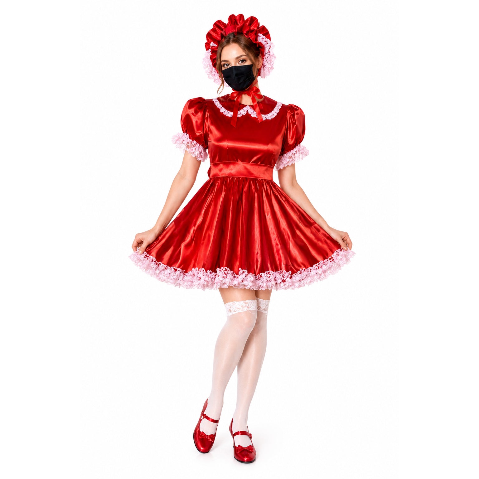 Red sissy maid dress with white lace trim, matching headpiece, and satin finish for costume fashion