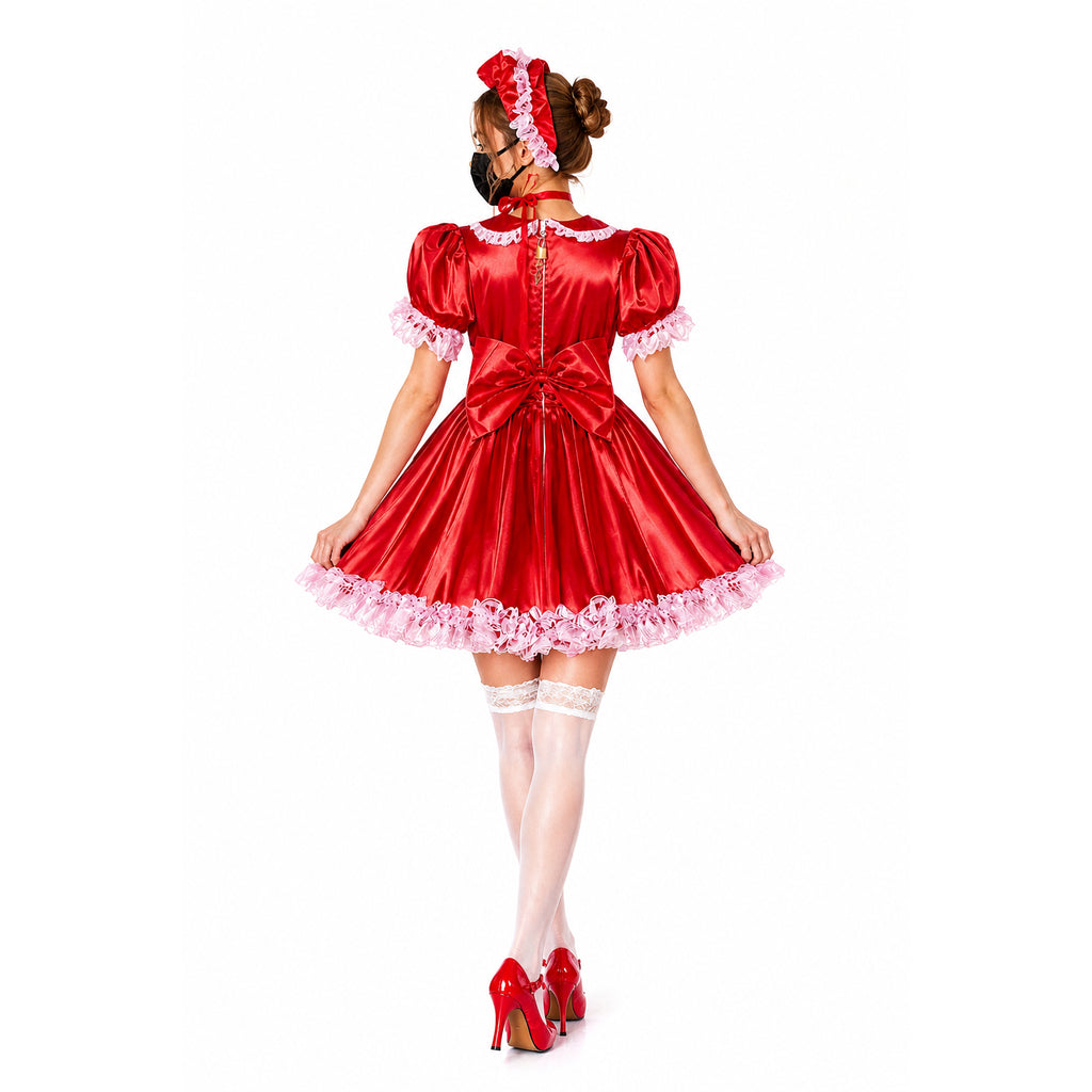 Red sissy maid dress with pink ruffles, bow, and matching headband, shown from back with white stockings and heels
