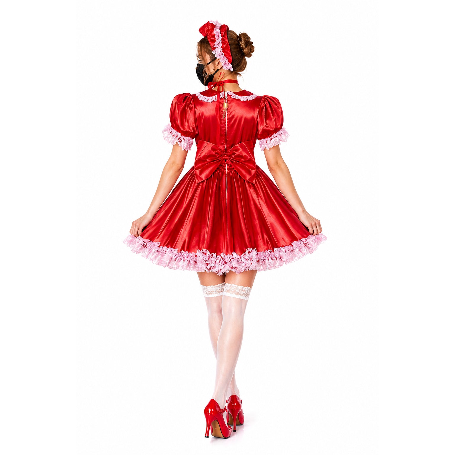 Red sissy maid dress with pink ruffles, bow, and matching headband, shown from back with white stockings and heels