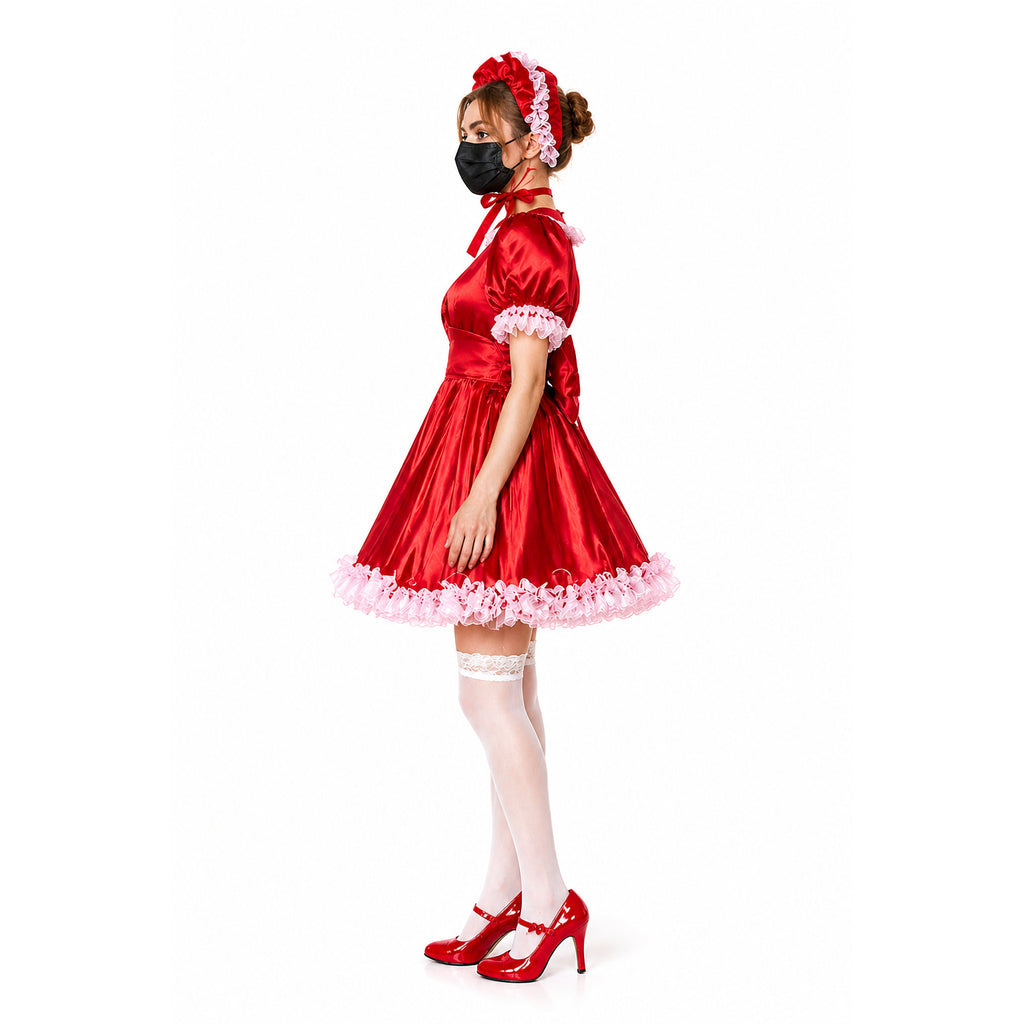 Red sissy maid dress with pink ruffles, white stockings, and red heels, styled for boutique costume fashion.
