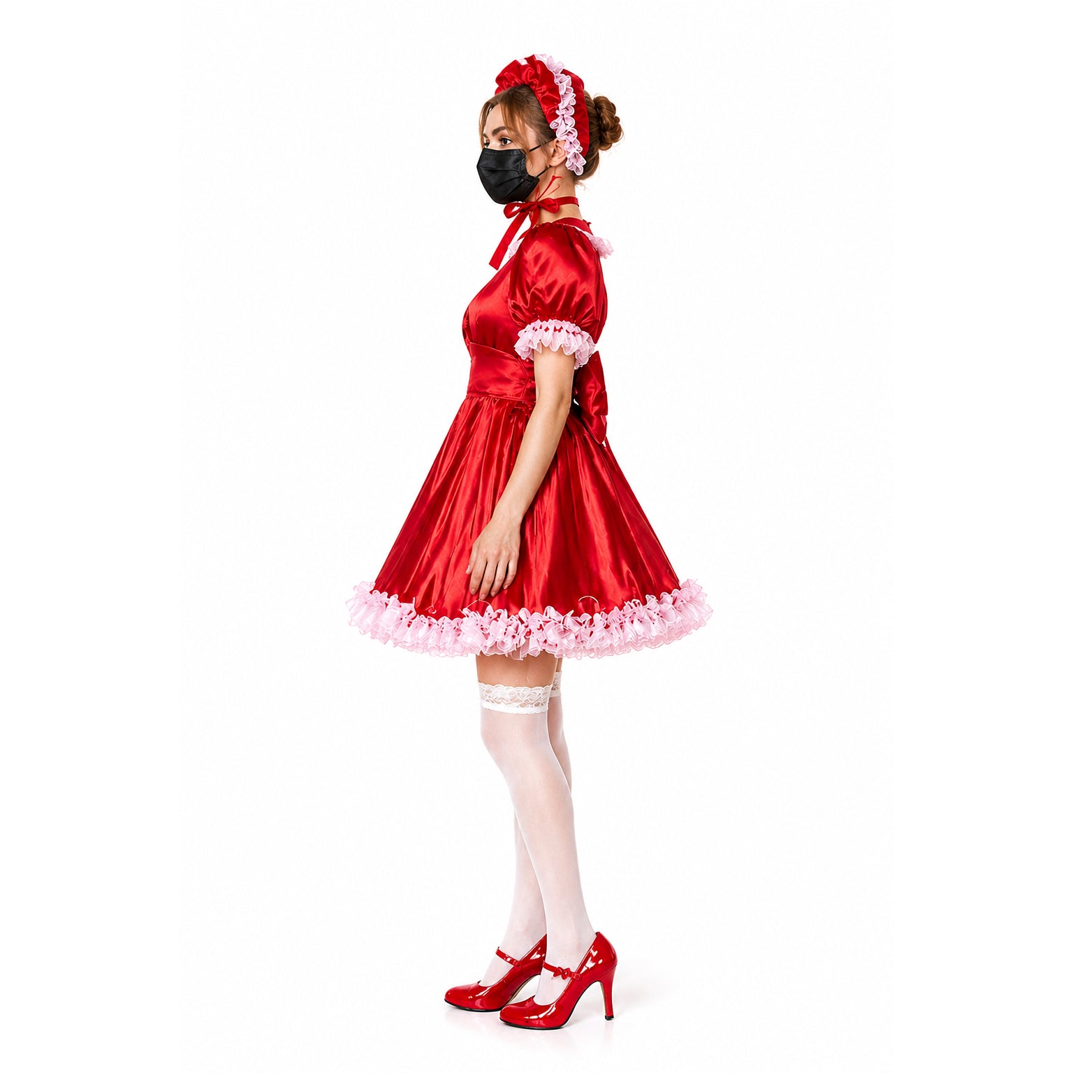 Red sissy maid dress with pink ruffles, white stockings, and red heels, styled for boutique costume fashion.