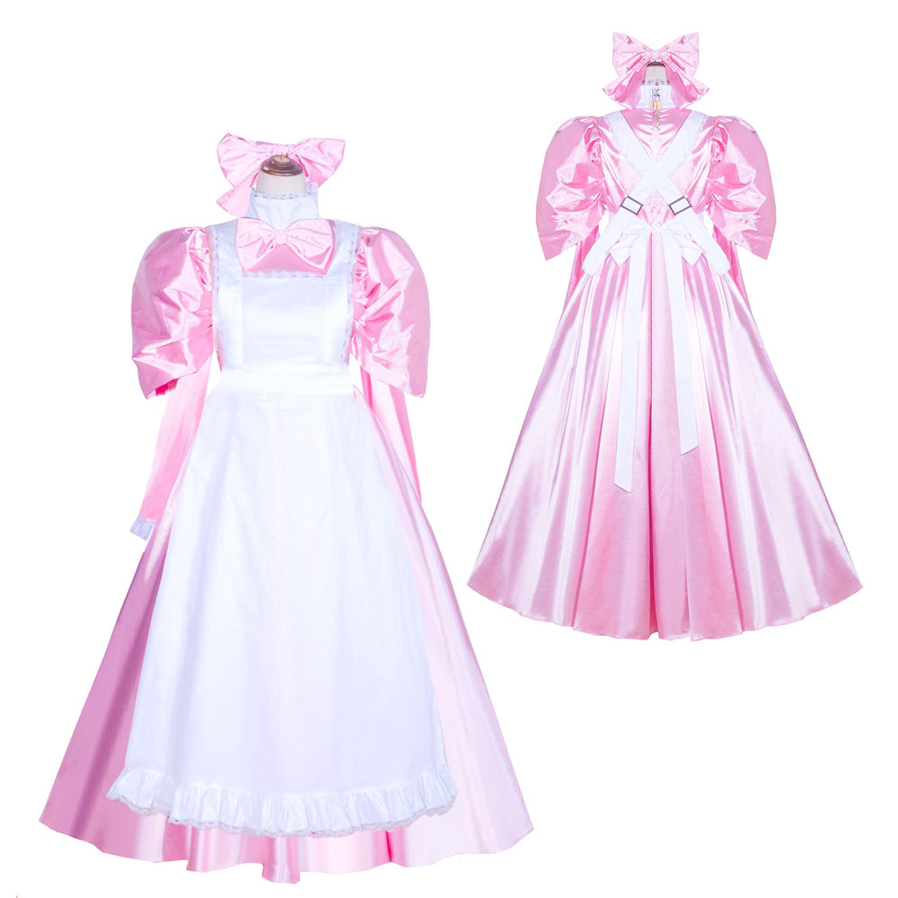 Pink and white sissy maid dress set with puffy sleeves, bow accents, and satin finish for elegant costume fashion