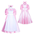 Pink and white sissy maid dress set with puffy sleeves, bow accents, and satin finish for elegant costume fashion