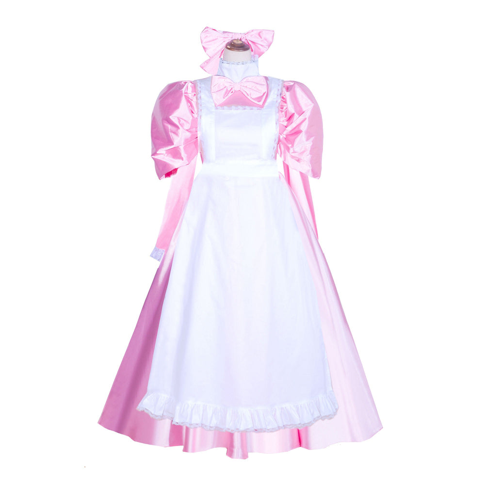 Pink and white sissy maid dress with puffy sleeves, bow, and ruffled hem on mannequin