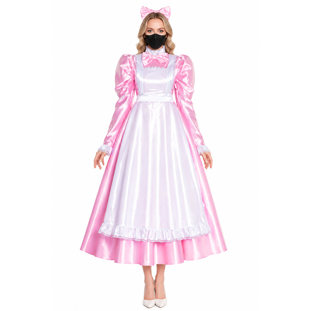 Pink and white sissy maid dress with bow, ruffles, and matching headband for costume fashion