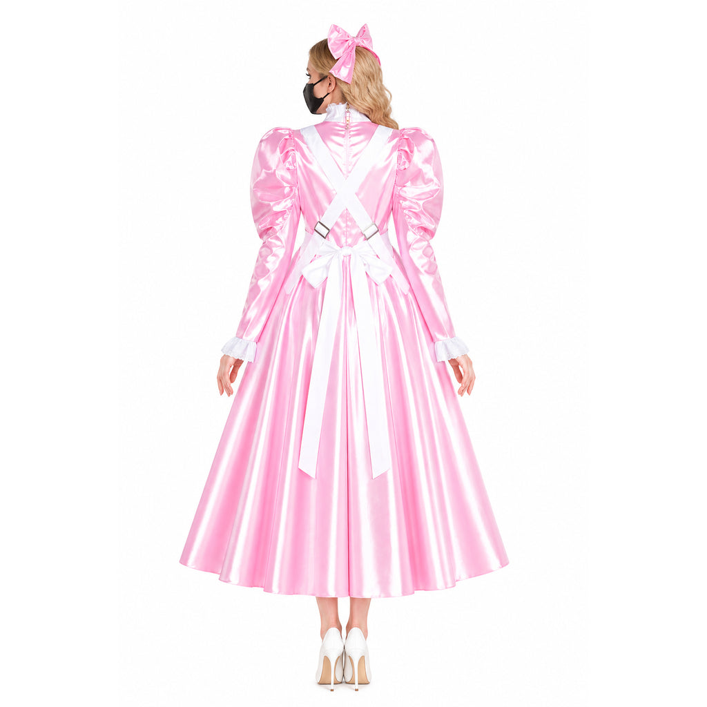 Pink sissy maid dress with white bow, puffed sleeves, and satin finish, back view