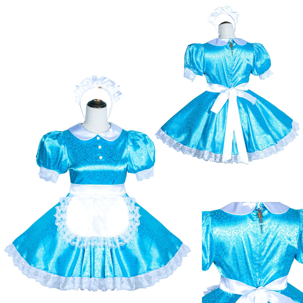Blue sissy maid dress with white apron, lace trim, and puff sleeves, shown front and back views