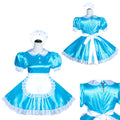 Blue sissy maid dress with white apron, lace trim, and puff sleeves, shown front and back views