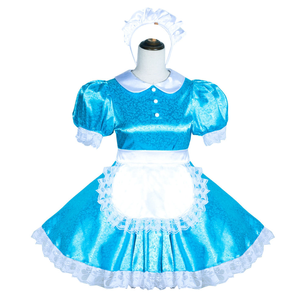 Blue sissy maid dress with white lace trim, apron, and headband on mannequin