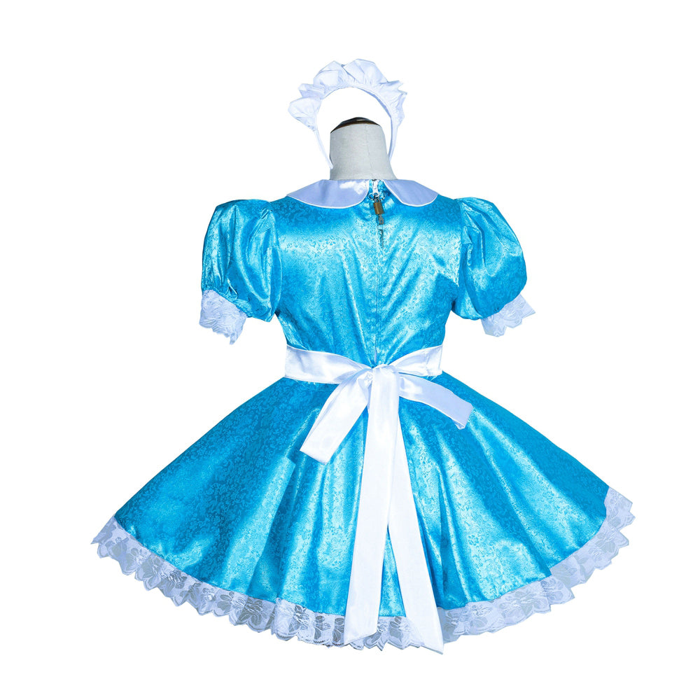 Blue sissy maid dress with white lace trim, bow, and matching bonnet on mannequin