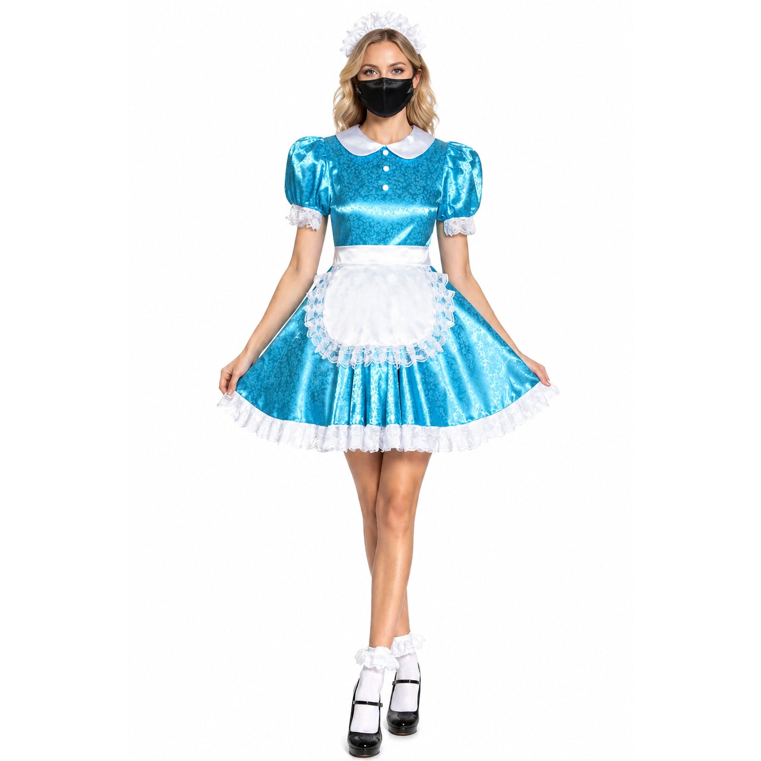 Blue sissy maid dress with white apron, lace trim, and matching headpiece for costume fashion
