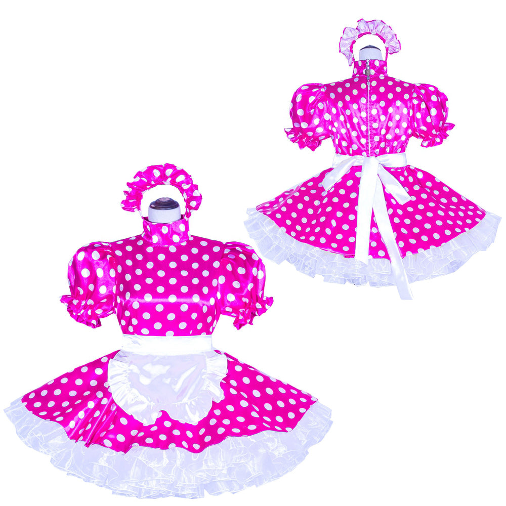 Pink polka dot sissy maid dress set with white apron and ruffles, featuring puff sleeves and bow waist