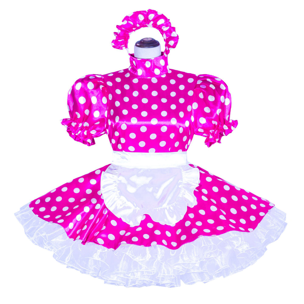 Pink polka dot sissy maid dress with white apron and matching headband, featuring puffed sleeves and ruffled skirt.
