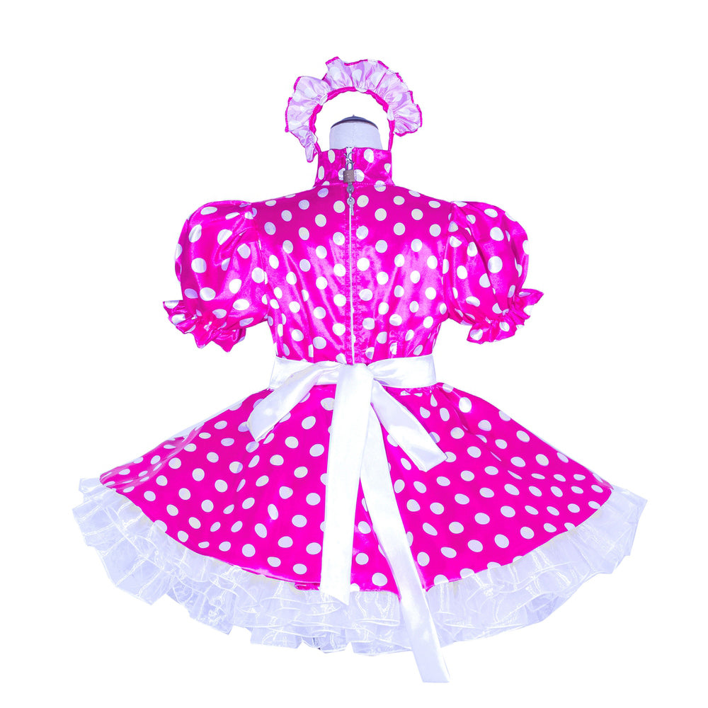 Pink polka dot sissy maid dress with white ruffles and bow, back view