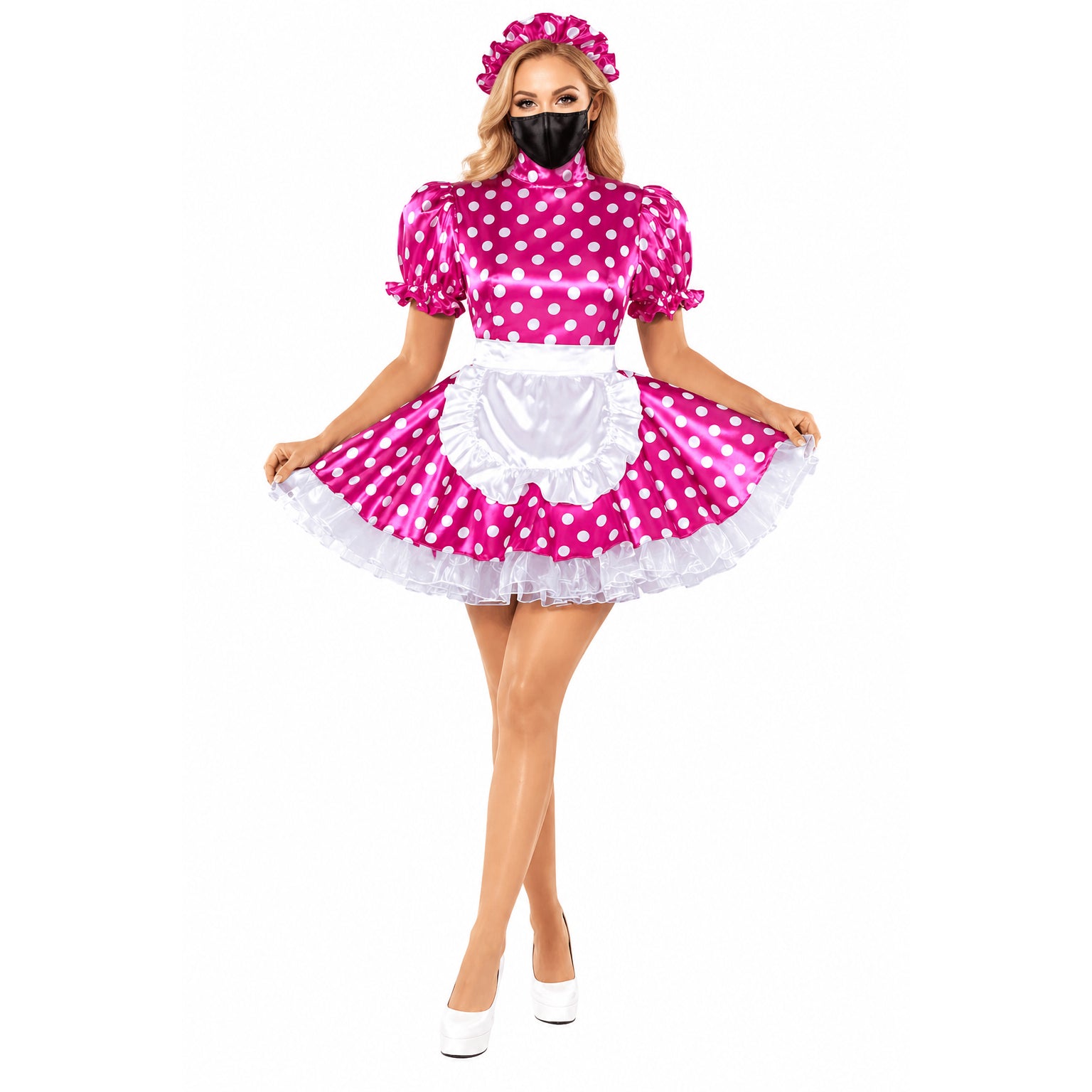 Pink polka dot sissy maid dress with white apron and matching headpiece, styled for costume fashion.