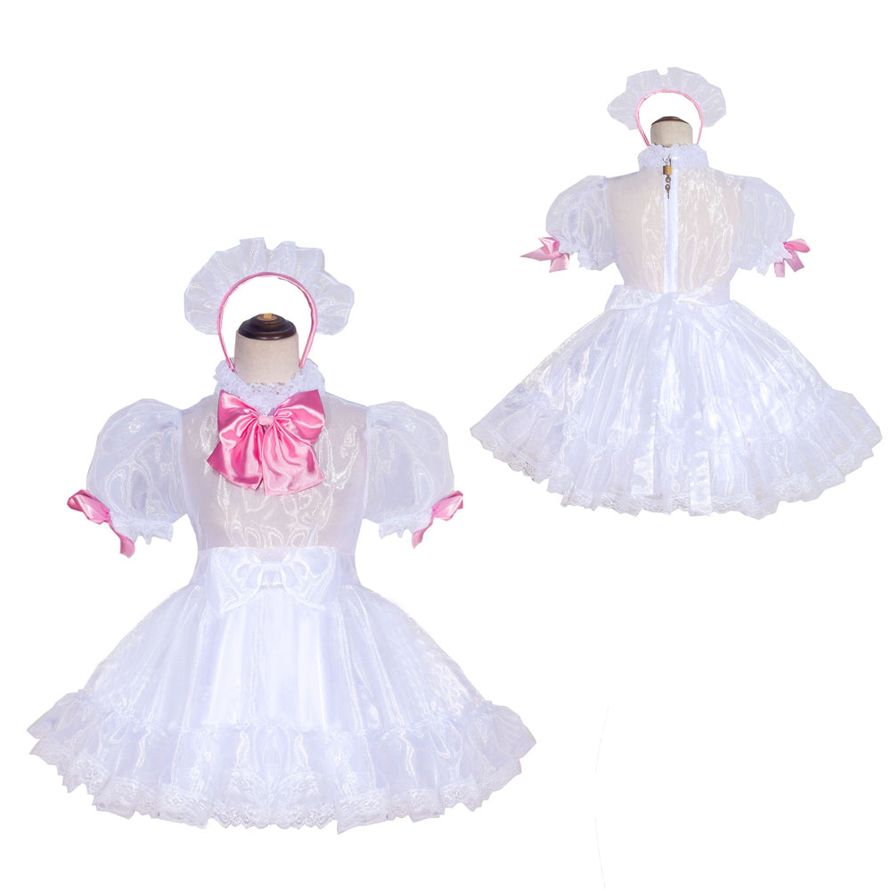 White sissy maid dress with pink bow, lace trim, and puffy sleeves, shown front and back on mannequin