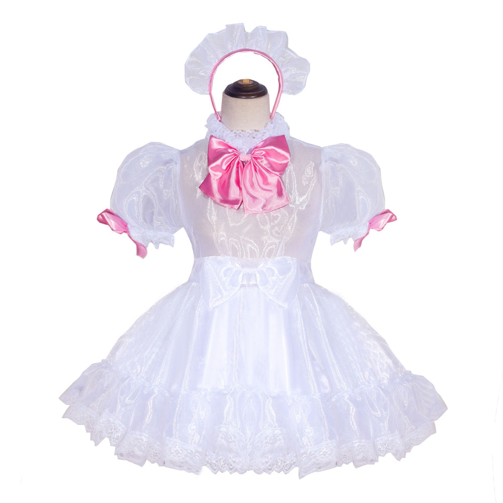 White sissy maid dress with pink bow, lace trim, and matching headpiece on mannequin